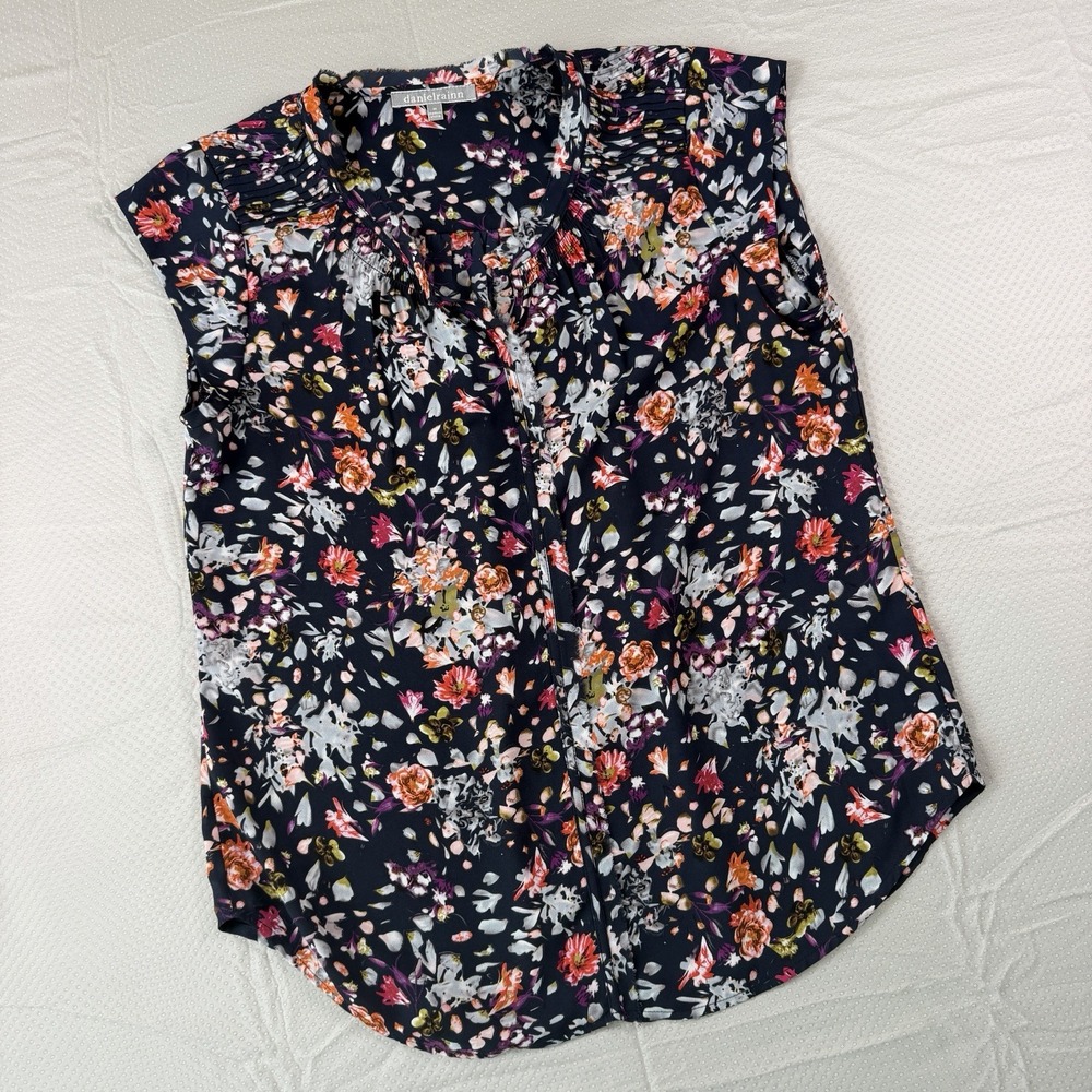 Daniel Rainn Womens Medium Floral Pleated Notch Neck Sleeveless Blouse Navy Top